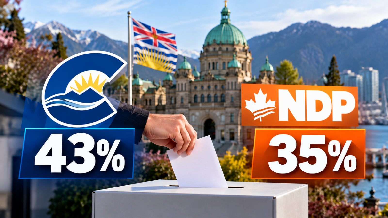 ਨਵੀਂ ਚੋਣ ਤੋਂ ਬਾਅਦ BC Conservatives 43%, NDP 35%: Angus Reid ਸਰਵੇਖਣ ਵਿੱਚ 8 ਅੰਕਾਂ ਦੀ ਬੜ੍ਹਤ 1 Editorial graphic showing a British Columbia election scene with a ballot box and B.C. Legislature in the background, displaying poll figures of 43% for the BC Conservatives and 35% for the BC NDP.